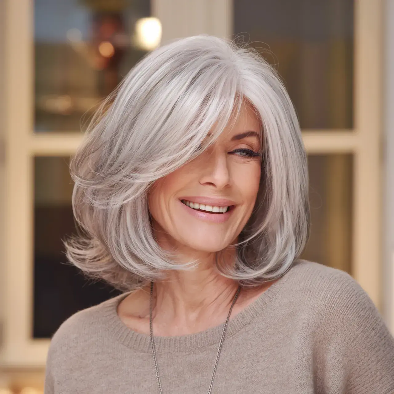 Layered Silver Lob for Thick Hair