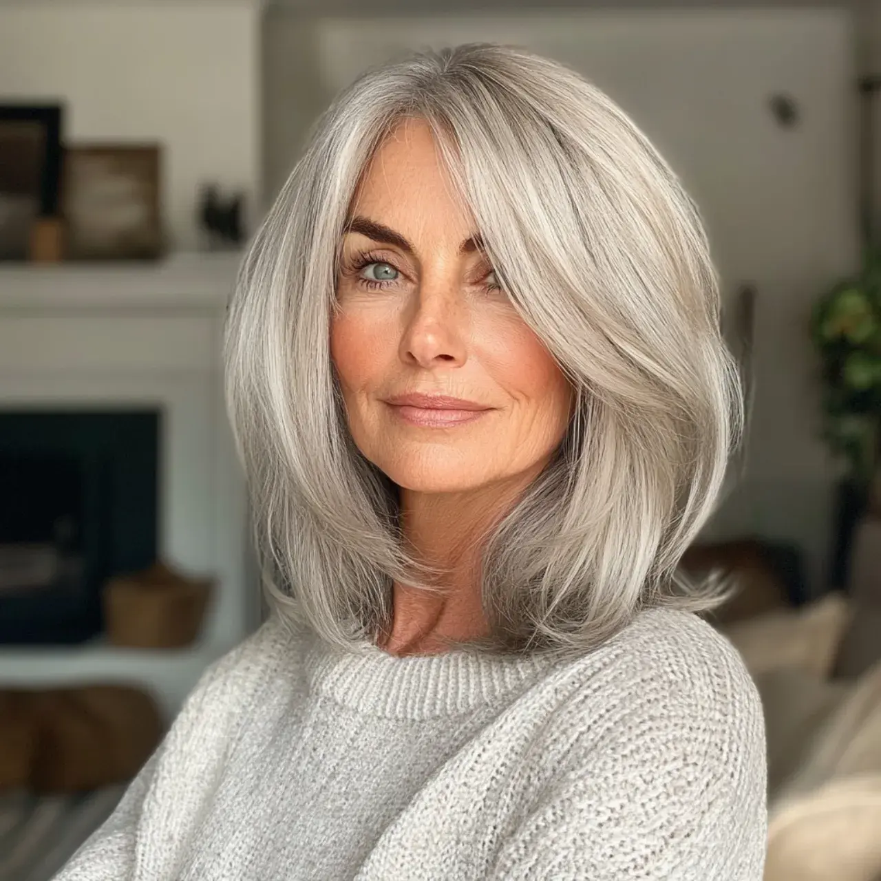 silver layered lob hairstyle