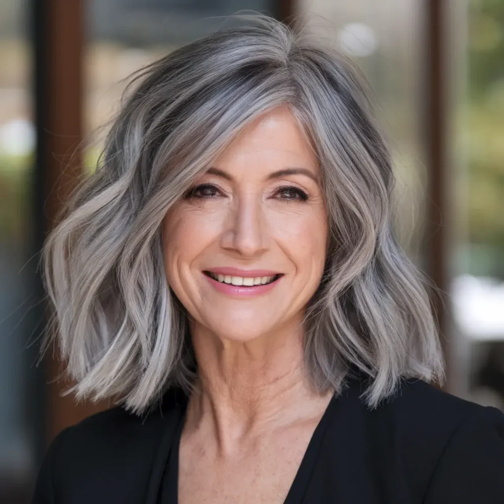 Gray Balayage Lob with Textured Layers