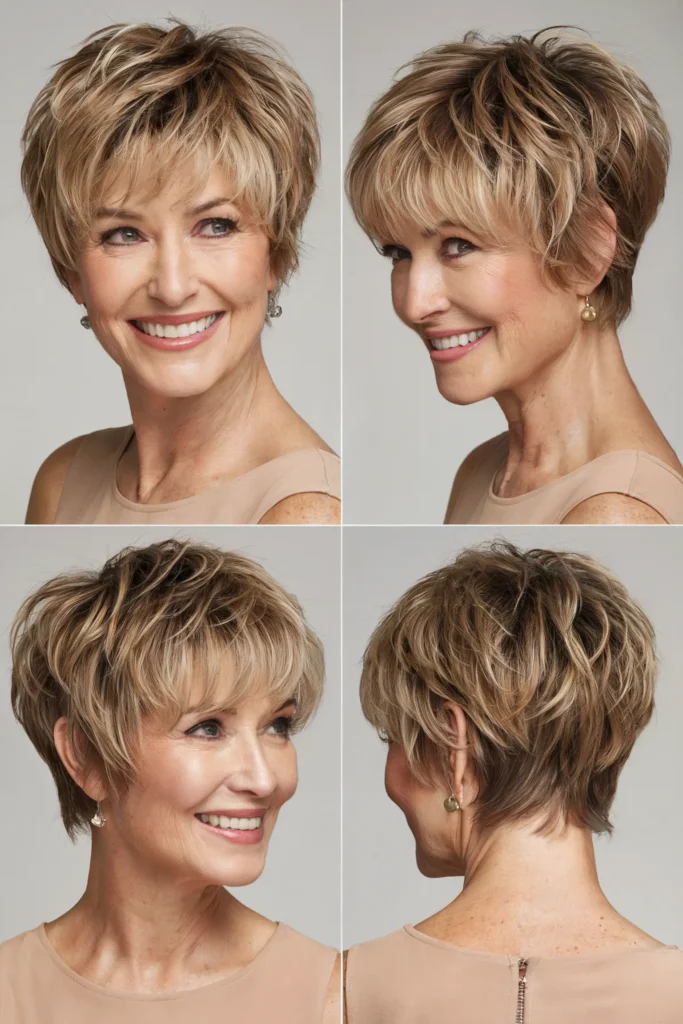 Flattering Bronde Shaggy pixie haircuts for women over 50