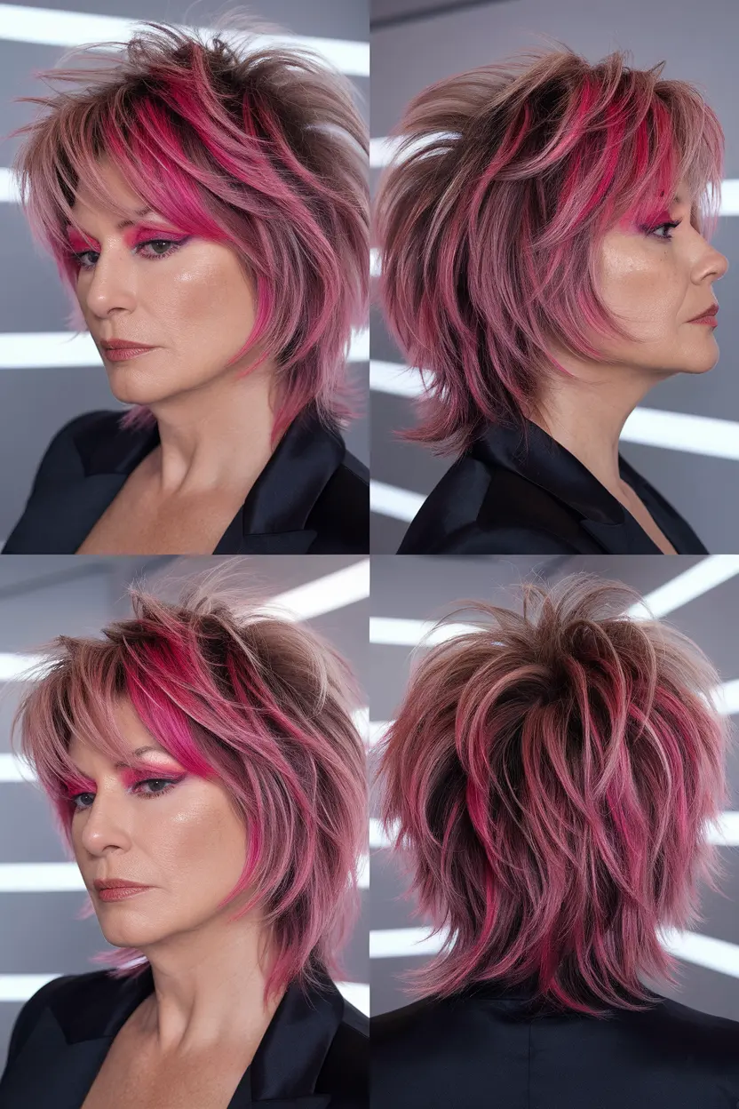 45. Thick Hair Shag with Pink Highlights