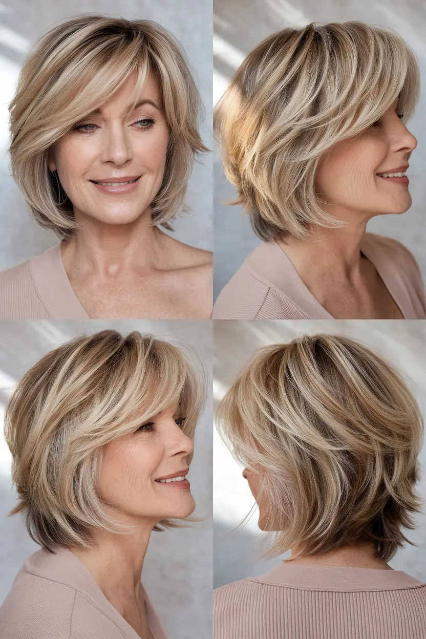 48. Butter Blonde Highlights on Layered Bob