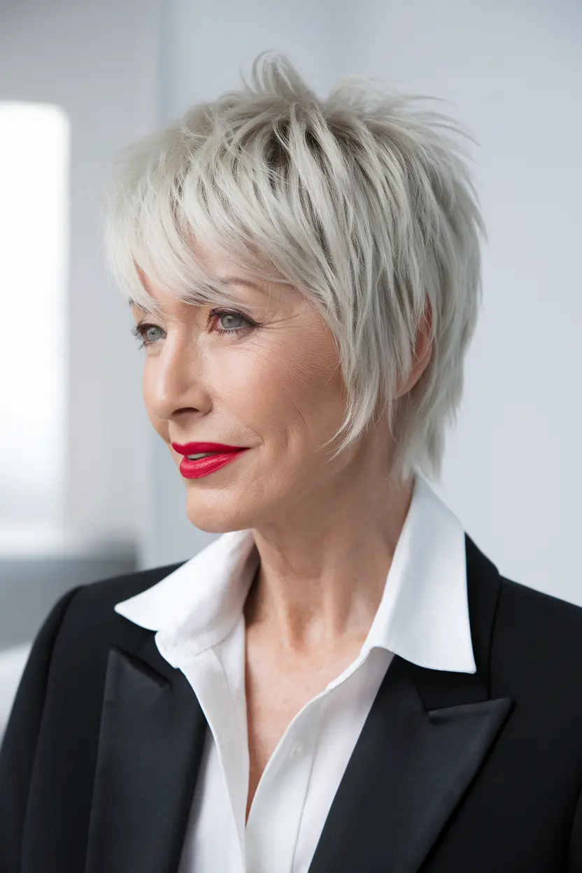 50. Short Platinum Mullet for Mature Women