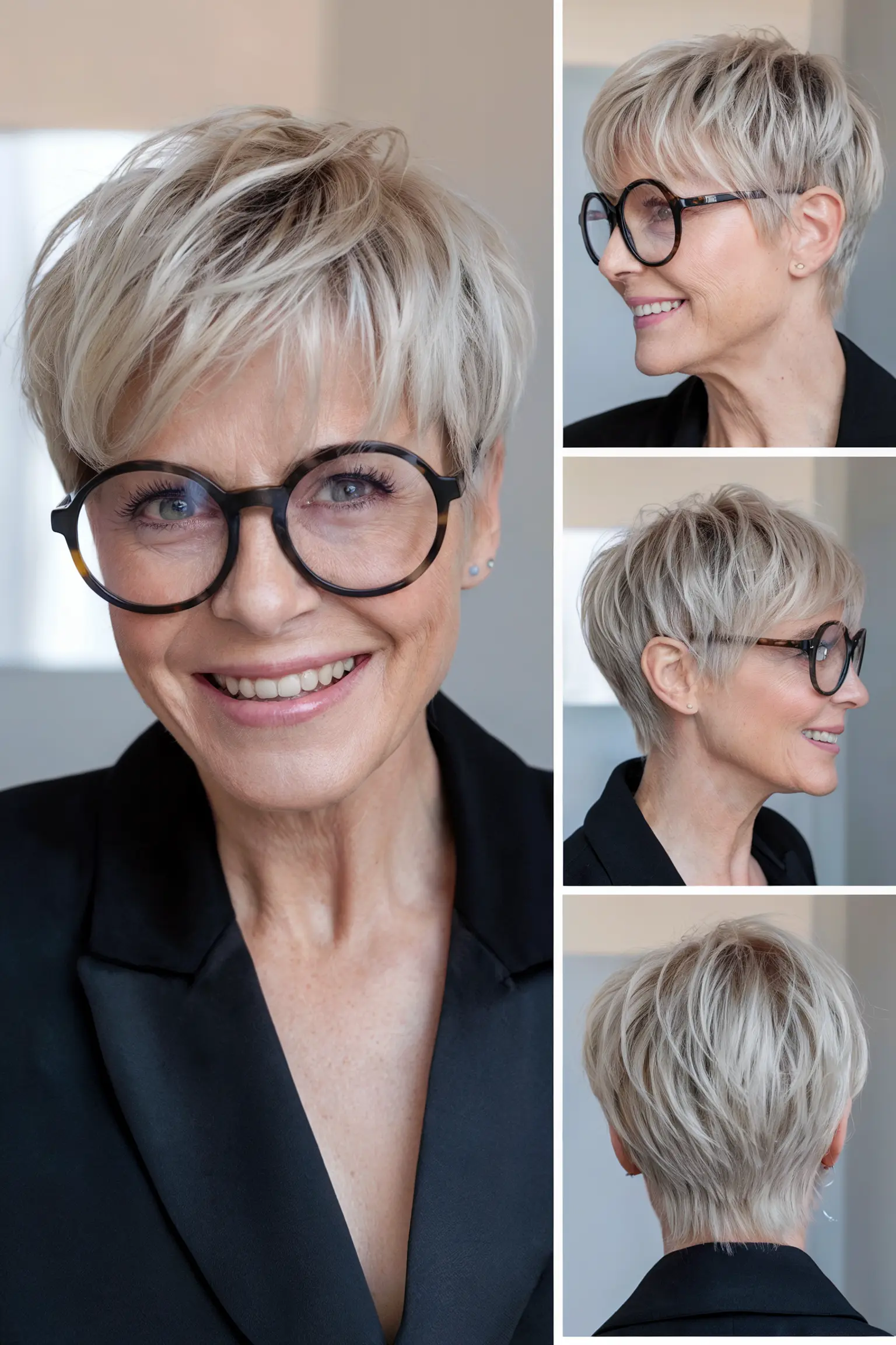 53. Asymmetrical Pixie with Long Side Bangs and Glasses