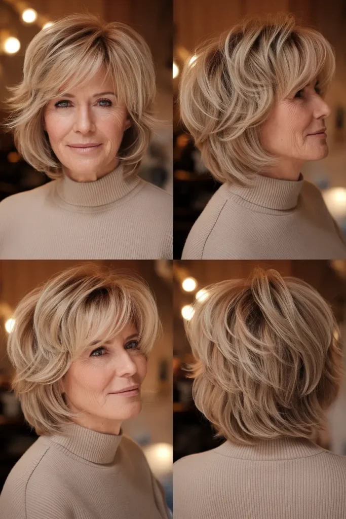 Feminine Caramel Blonde short shaggy hairstyles for women over 60