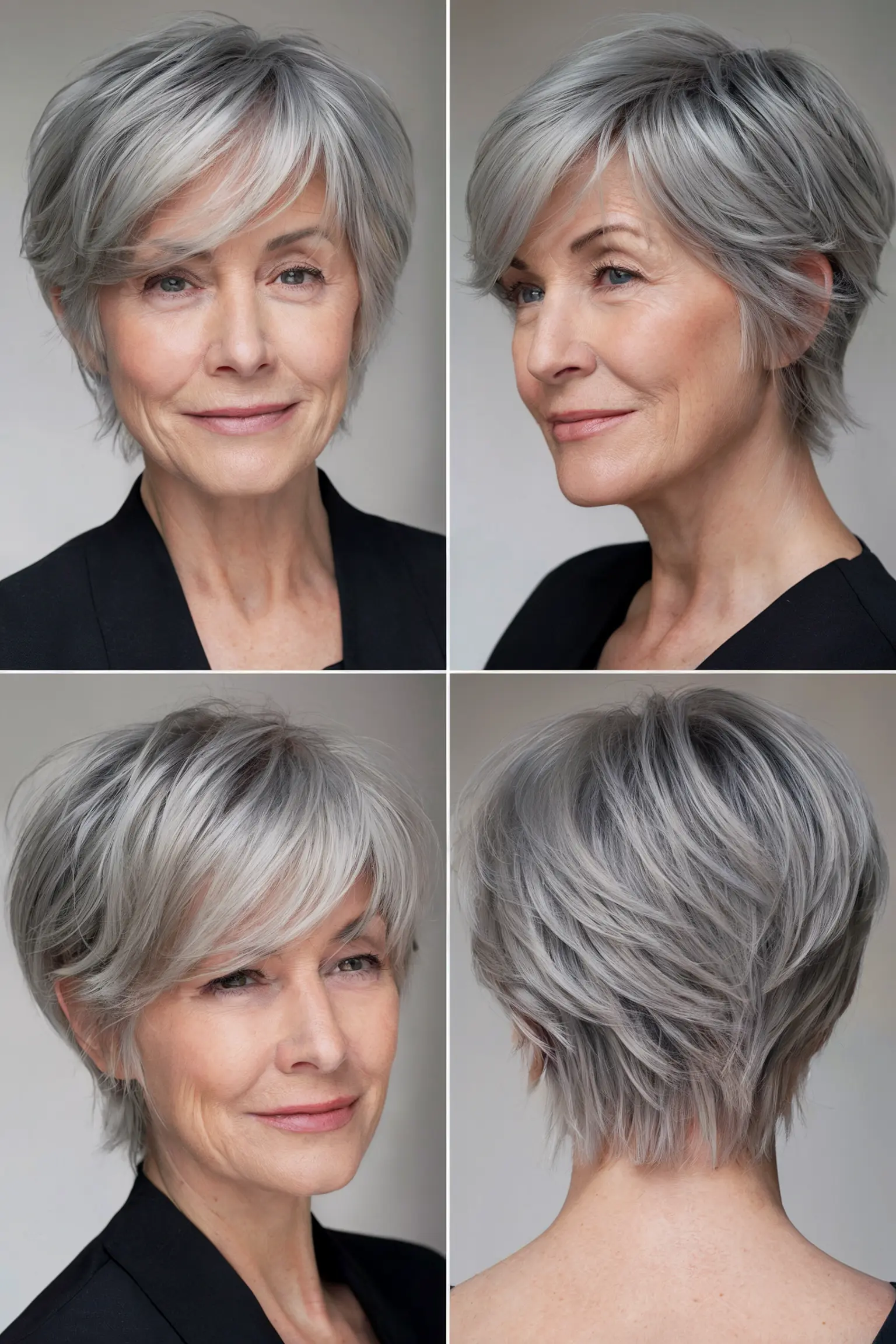 85. Feathered Gray Pixie with Side Swept Bangs