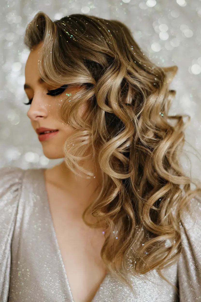 17. Side Swept Curls with Glitter Spray