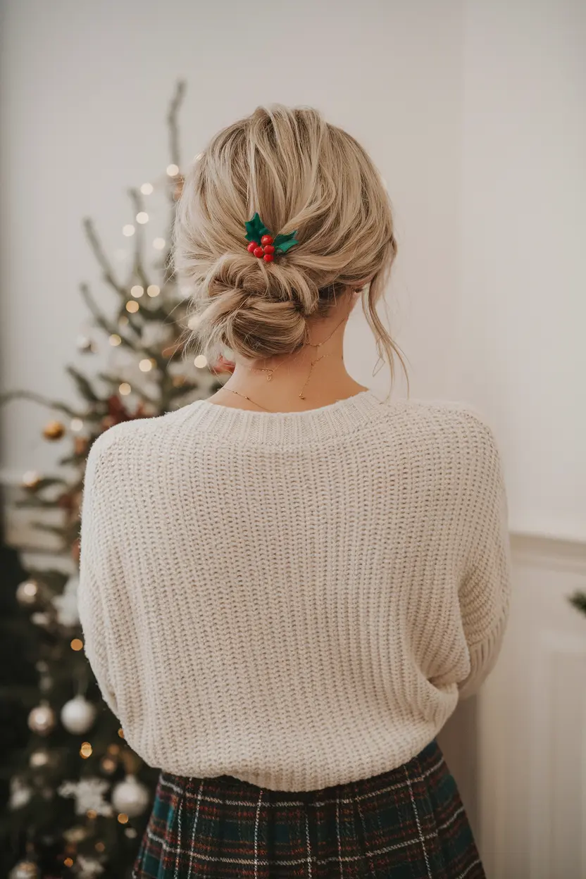 19. Relaxed Bun with Holly Berry Pins