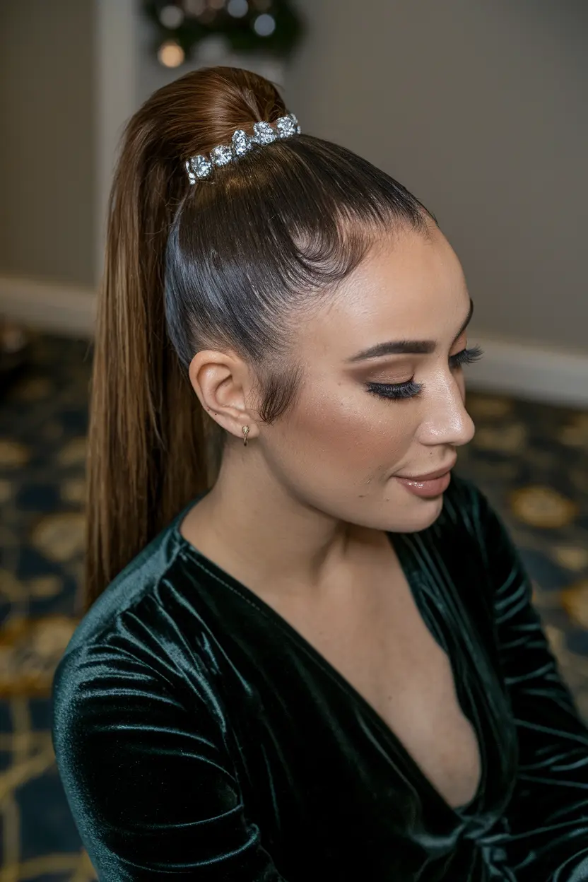 22. Glossy Ponytail with Rhinestone Ties