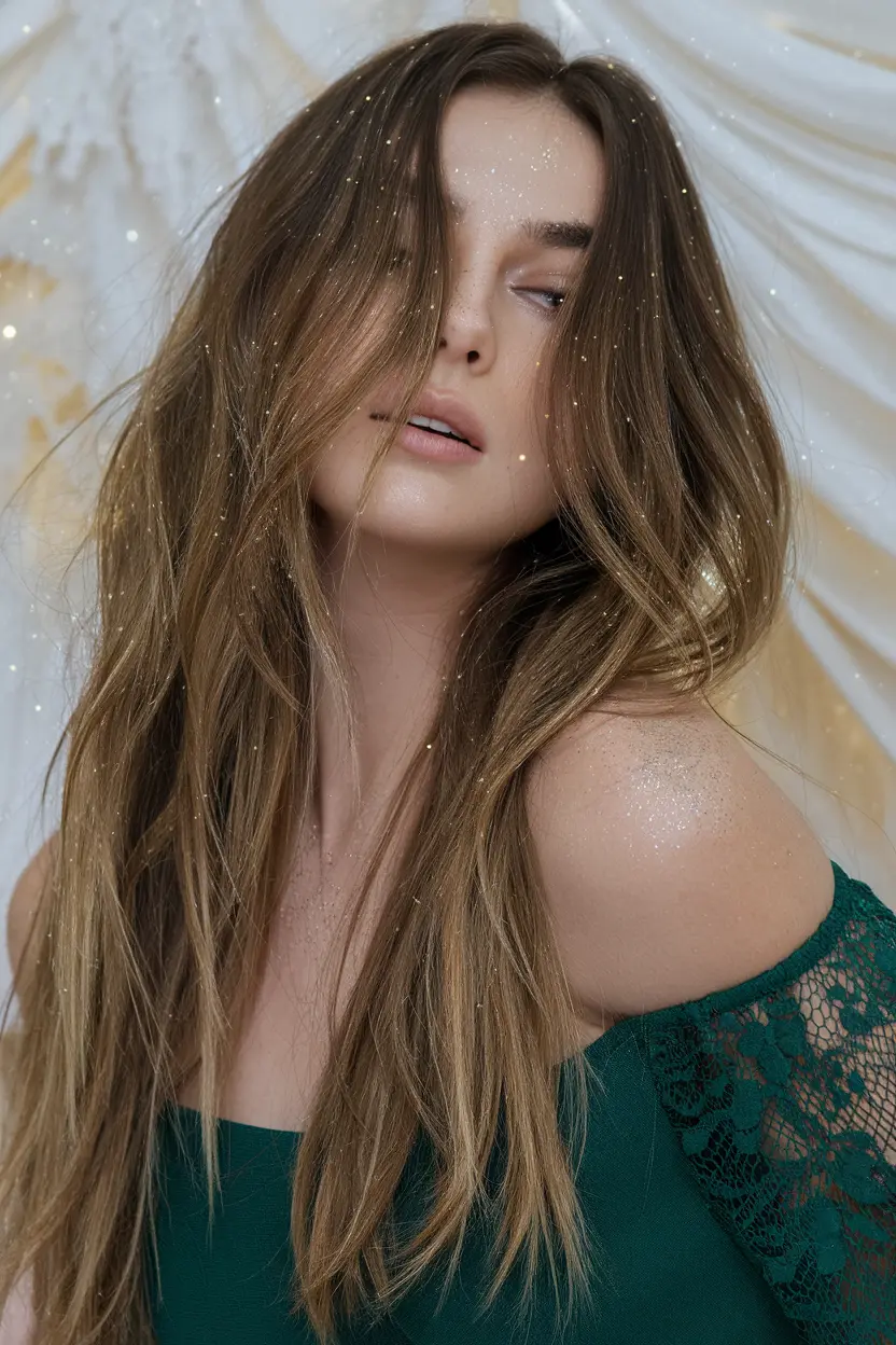 32. Effortless Loose Waves with Glitter Highlights