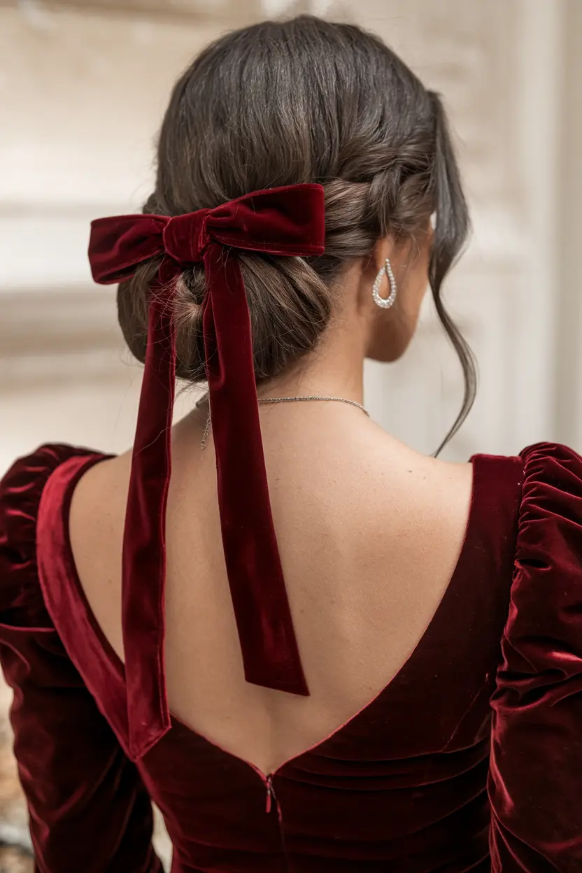 4. Low Bun with Red Velvet Ribbon