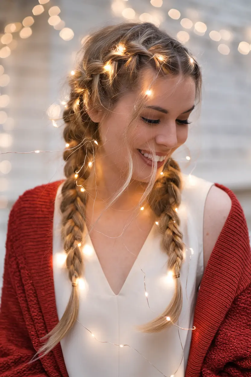 40. Loose Fishtail Braids with Christmas Lights