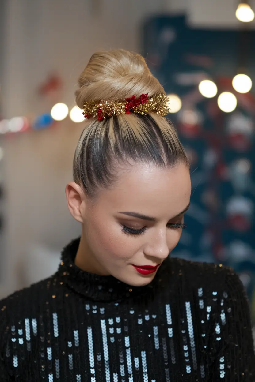 58. Zigzag Bun with Festive Sparkle