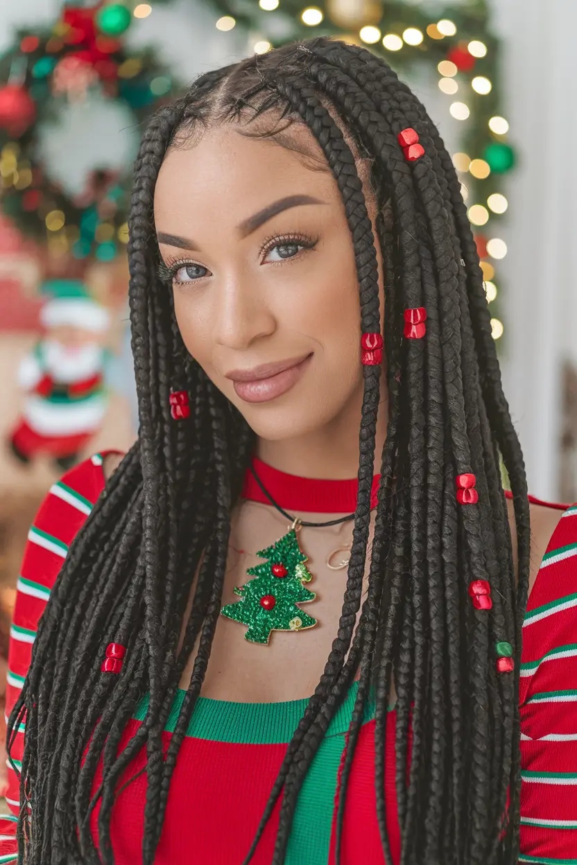 Box Braids with Red and Green Beads