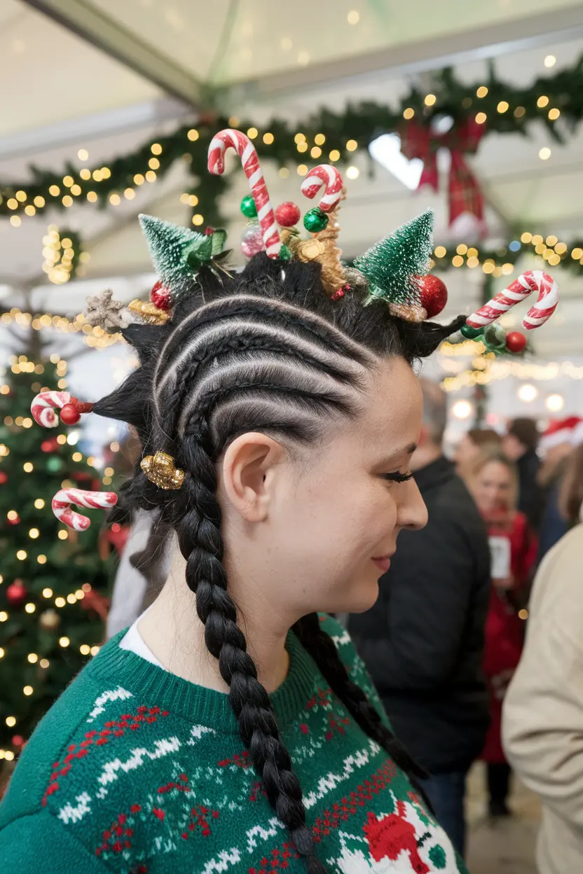 Braided Mohawk with Holiday Ornaments