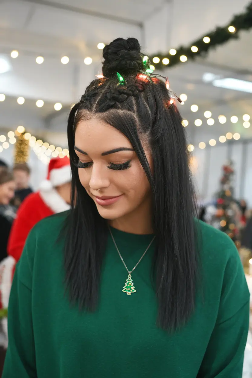 Braided Top Knot with Christmas Lights