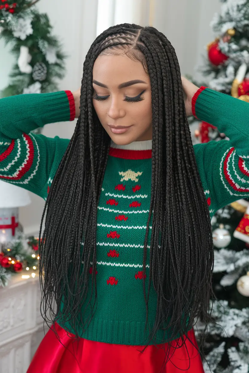 Feed-In Braids Styled into a Christmas Tree Pattern