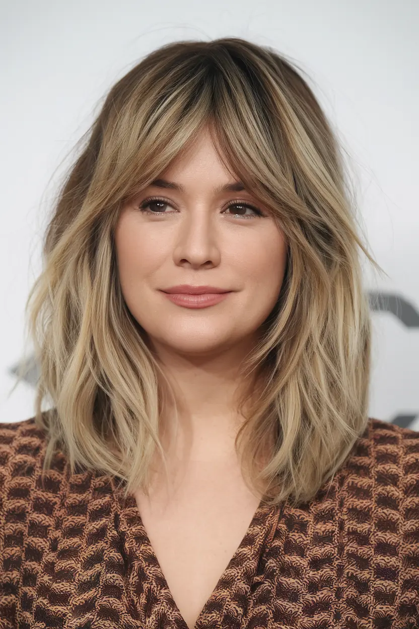 Layered Hairstyle with Soft, Fringed Layers for Round Faces