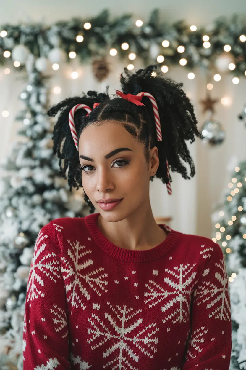 Natural Hair Tied with Candy Cane Ribbons