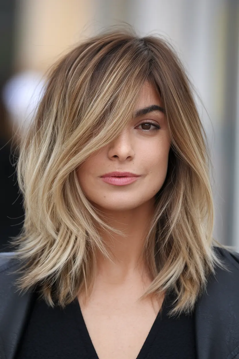 Shoulder-Length Layered Haircut with Long Side Swept Layers