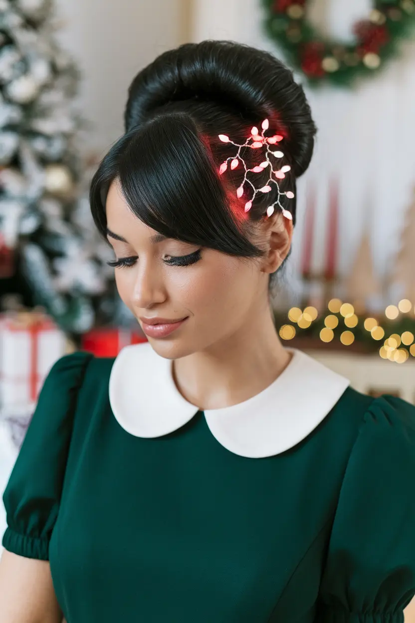 Sleek High Puff with Christmas Lights Hairpins