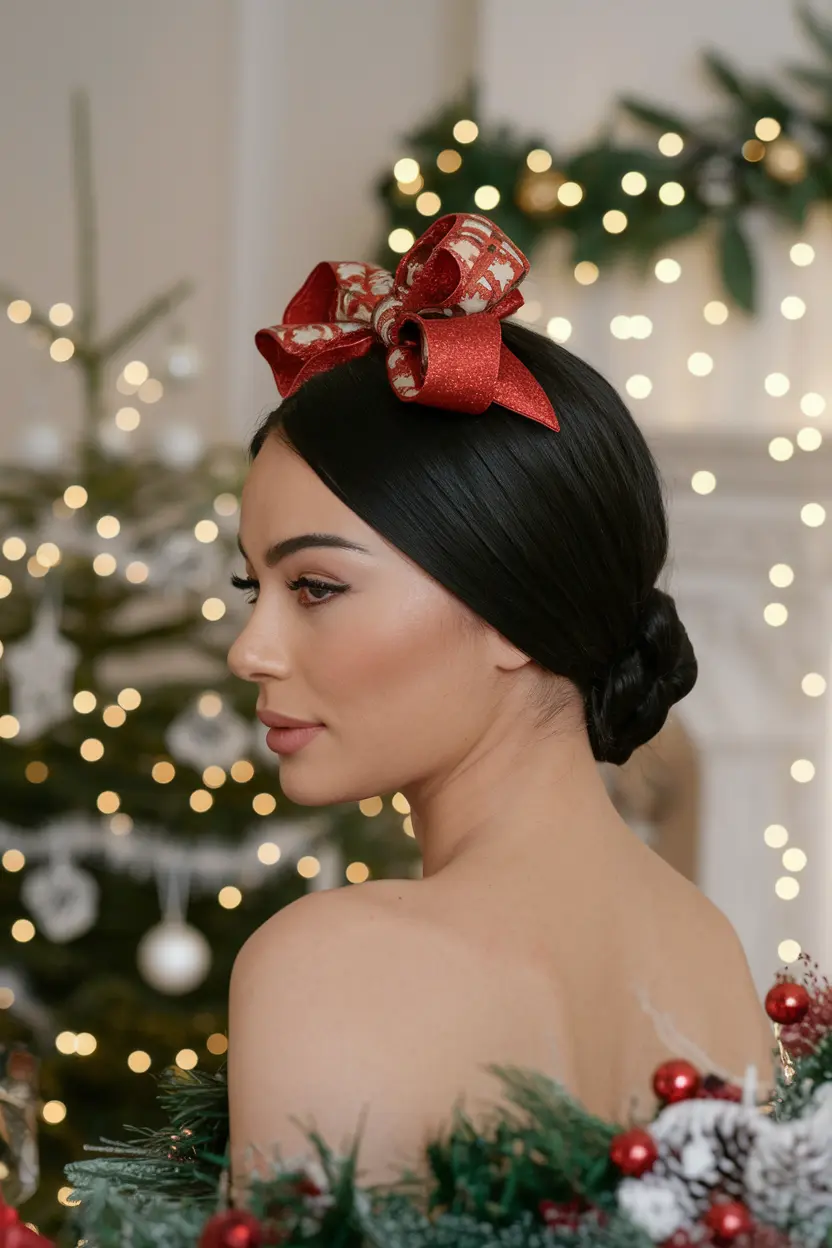 Sleek Low Bun with a Festive Bow