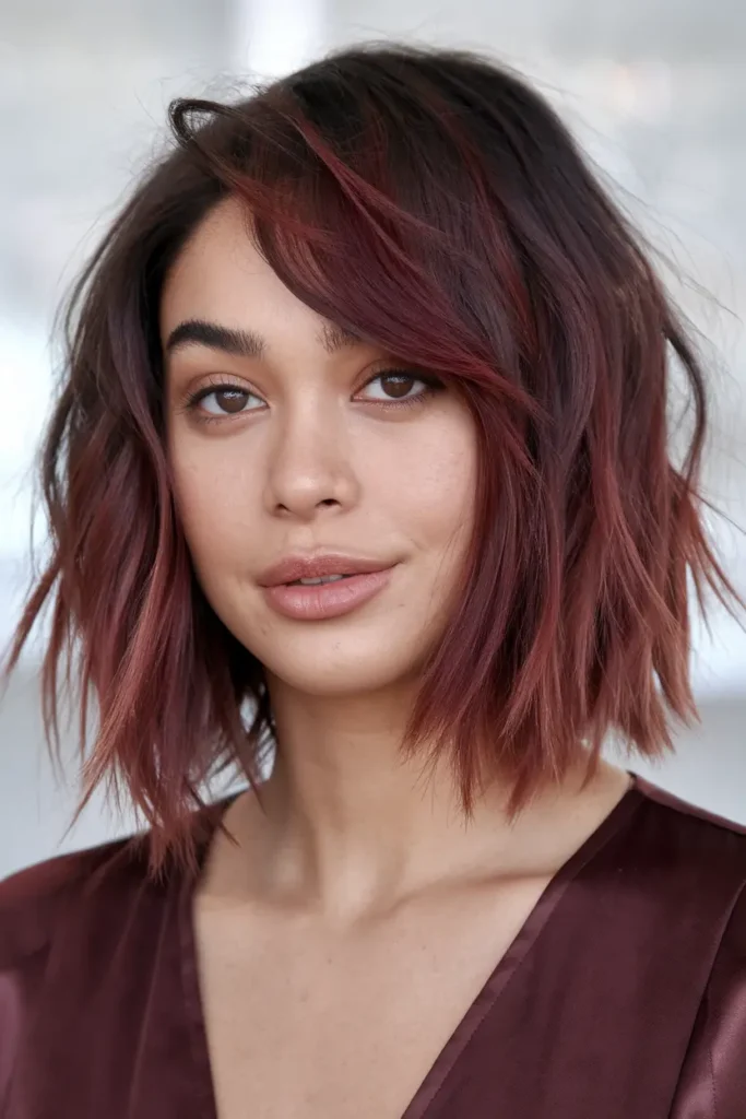 Angled Burgundy Lob with Tousled Waves