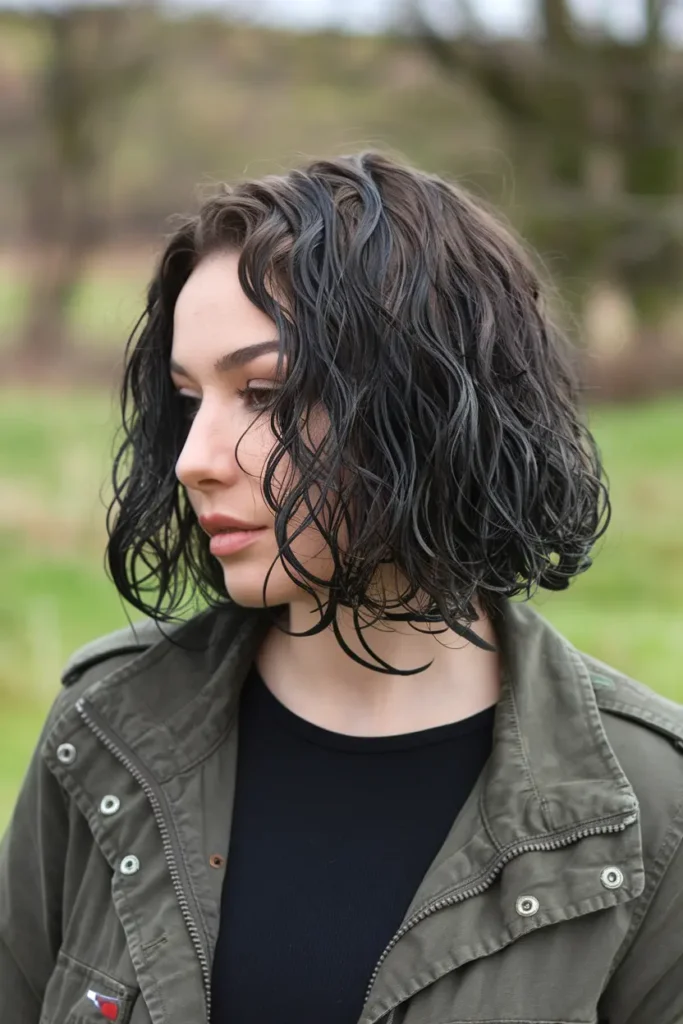 Black Wet Curly Bob with Subtle Highlights