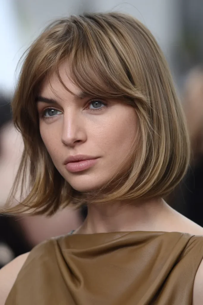 Caramel Bob with Root Lift and Swoopy Bangs