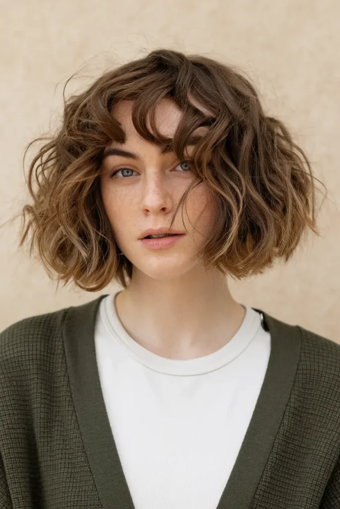 Curly Brunette Bob with Bangs