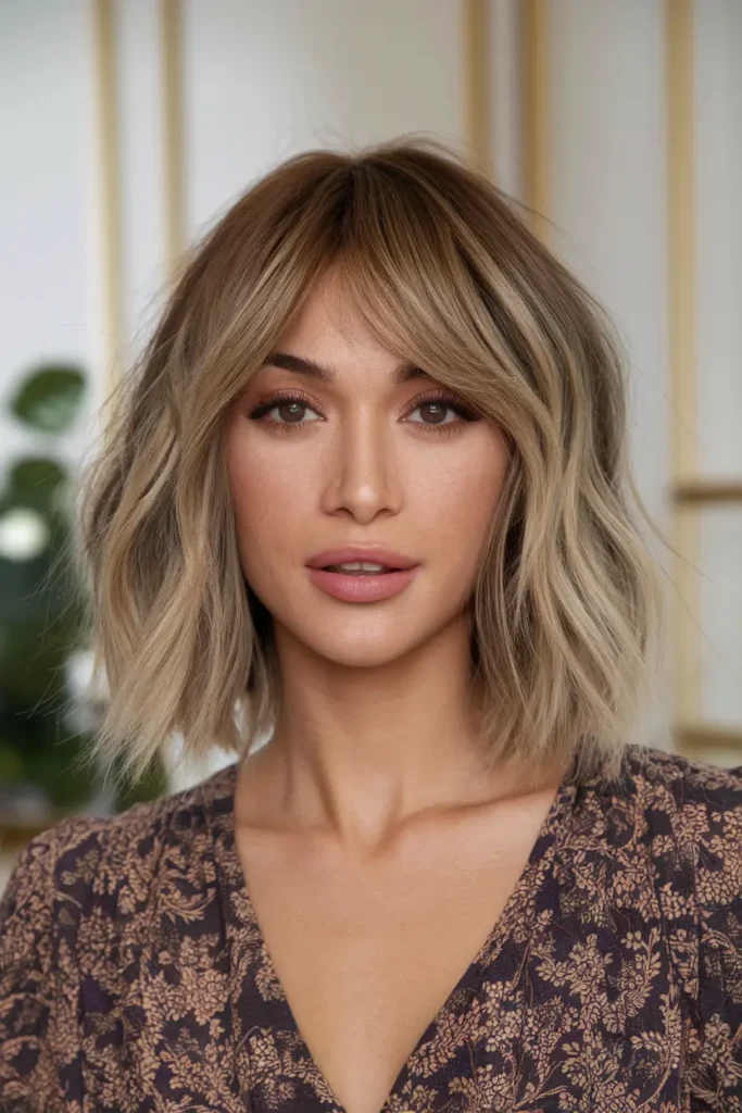 Dimensional Wavy Bob with Bangs