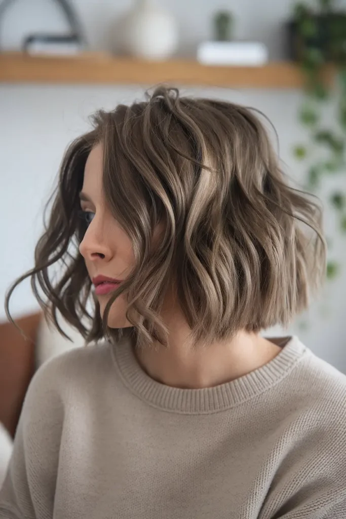 Jaw length Curly Brown Bob with Highlights