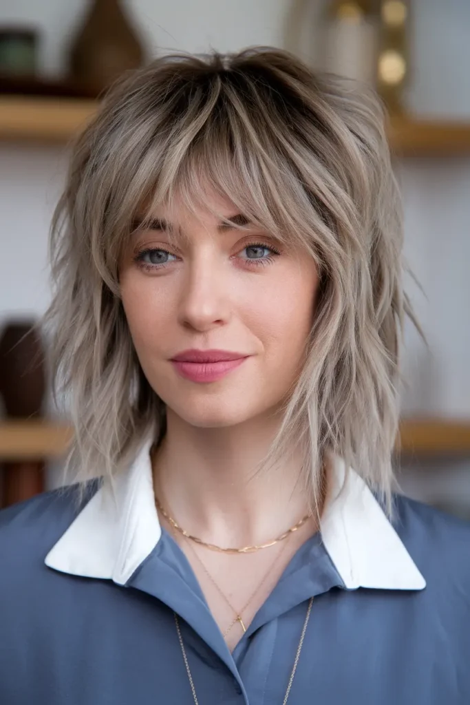 Medium Hairstyle with Feathery Ends and Bangs