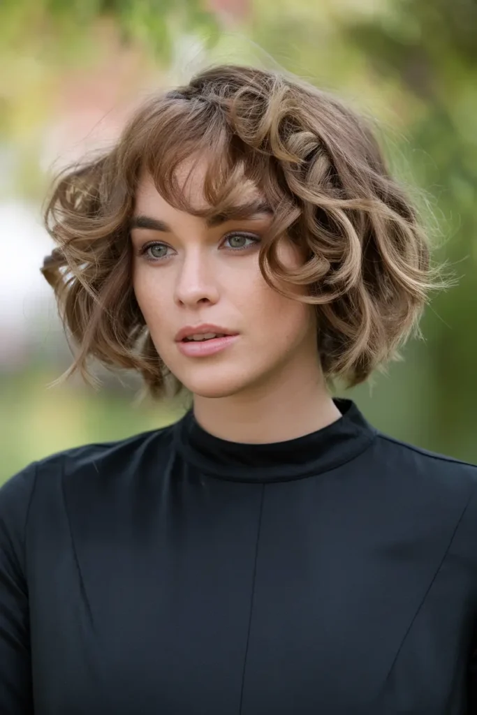 Nape Length Brown Bob with Piecey Curls