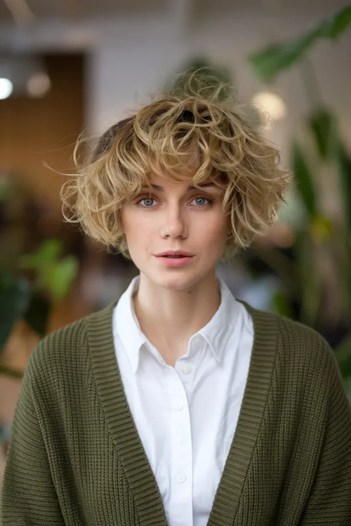 Tousled Curly Bob with Curtain Bangs