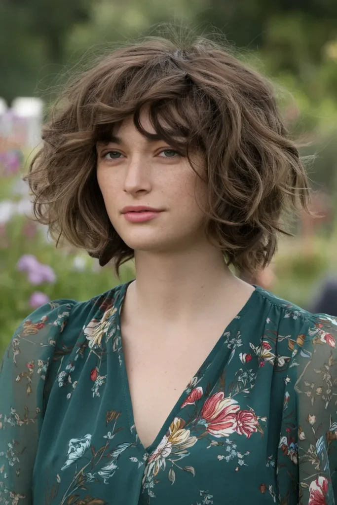 Voluminous Layered Bob with Bangs and Curls