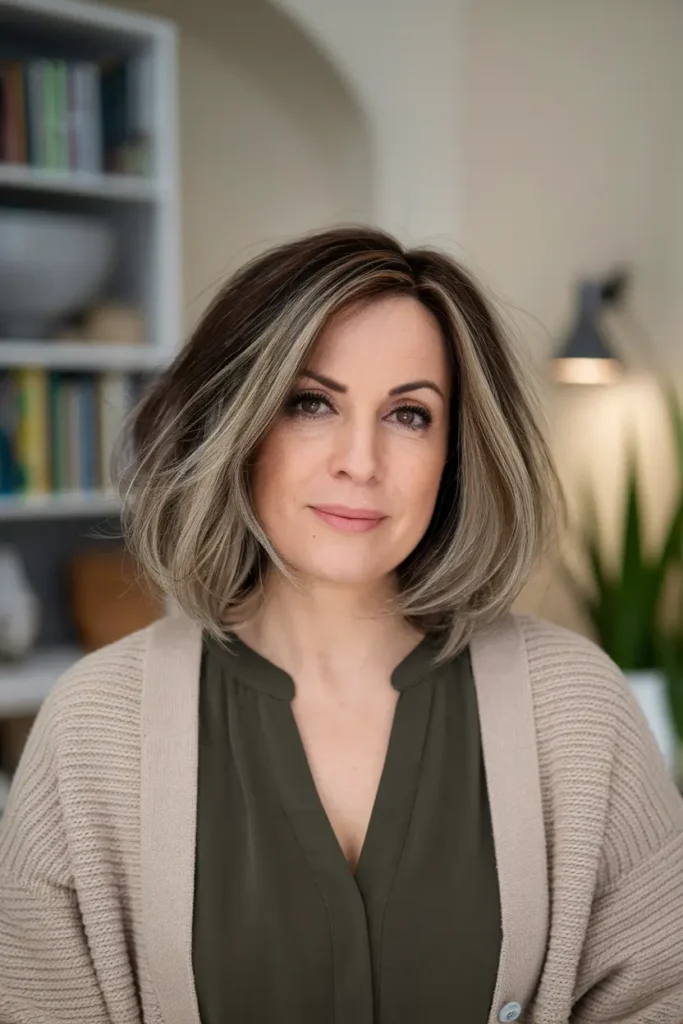 Wavy Brunette Bob with Highlights