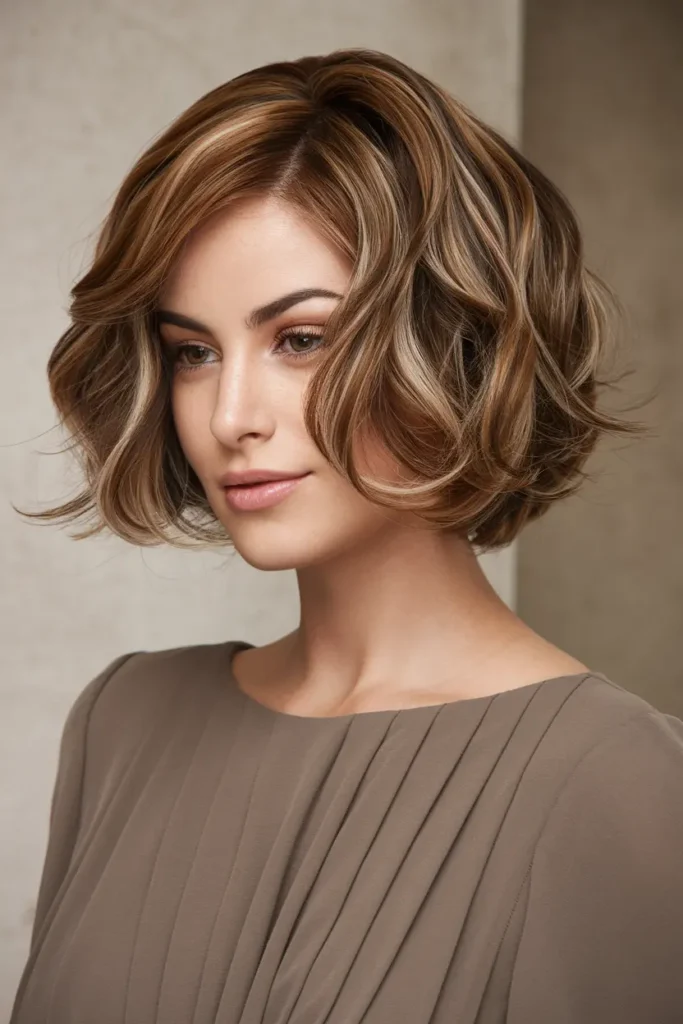 16. Short Permed Hair with Caramel Highlights