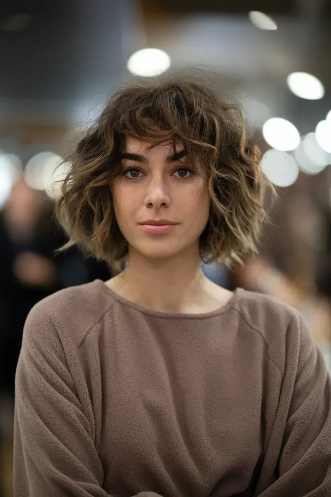 21. Curly Bob with Loose Bangs