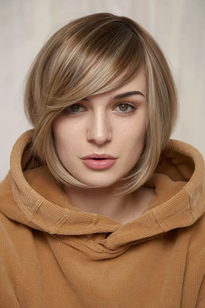 27. Short Bob with Long Side Swept Fringe