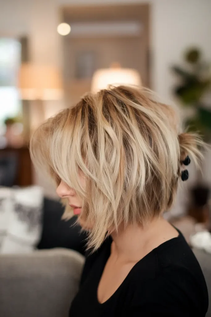 28. Messy Blonde Bob with Lowlights