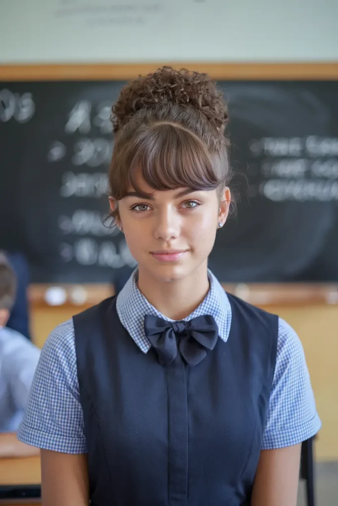 29. Curly Bun and Bangs