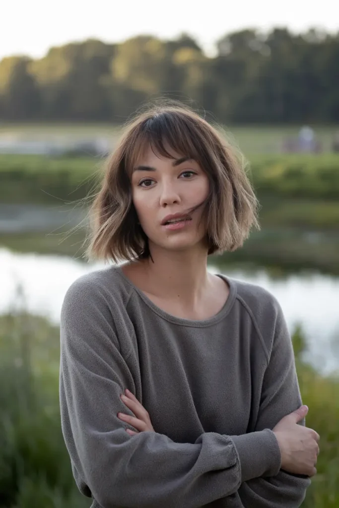 31. Layered Curtain Bangs with Beachy Waves