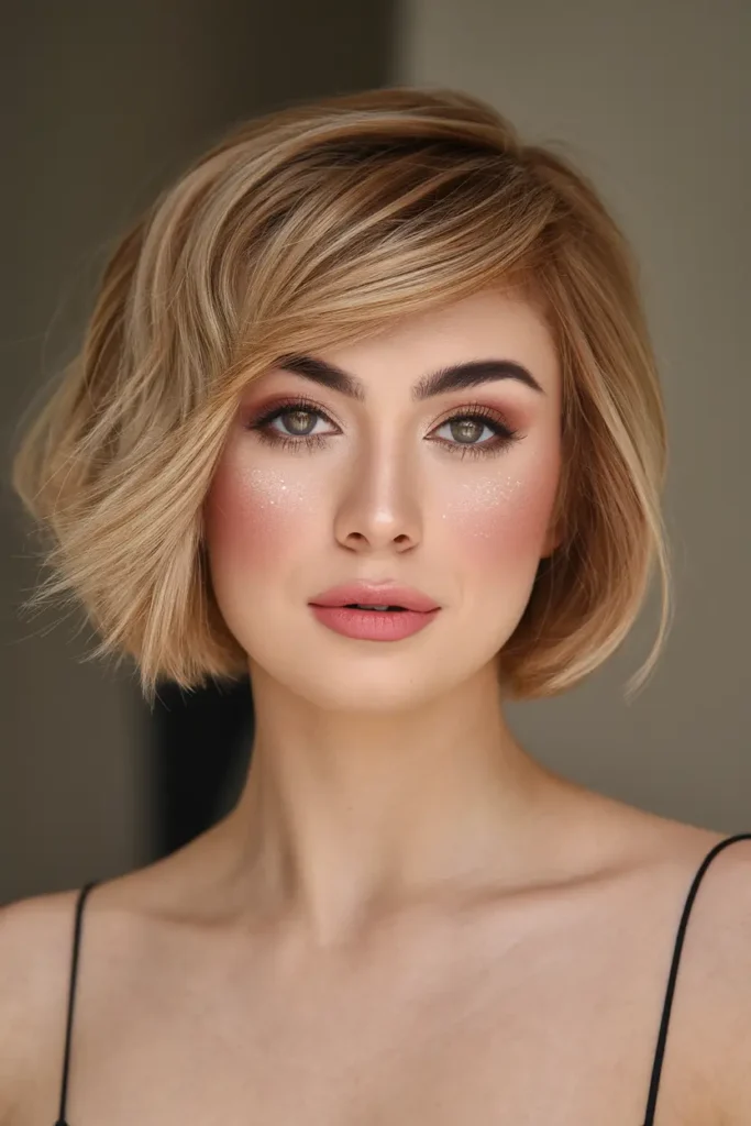 32. Neat Layered Caramel Blonde Bob