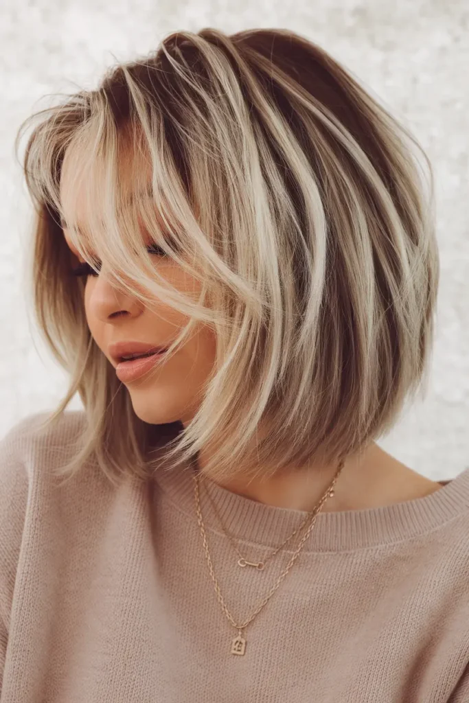 33. Stacked Bob with Blonde Highlights