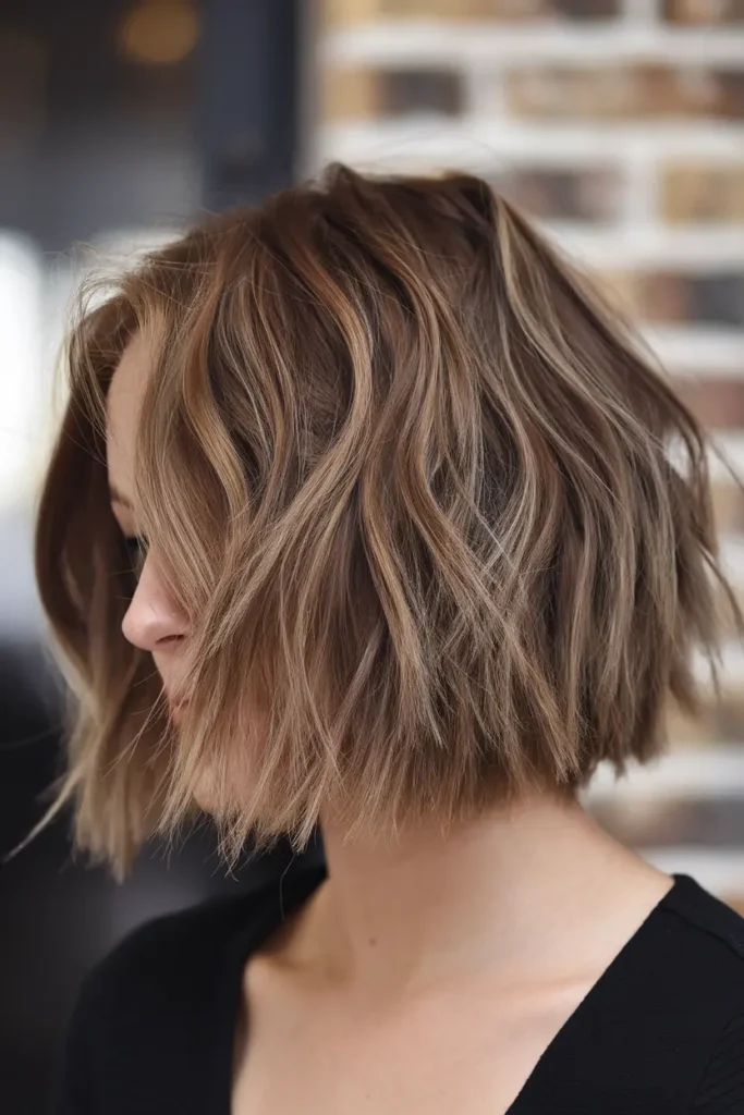 36. Cropped Wavy Brunette Bob with Textured Layers