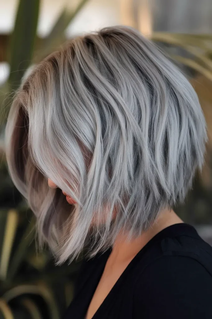 6. Inverted Gray Balayage Bob with Overlapping Layers