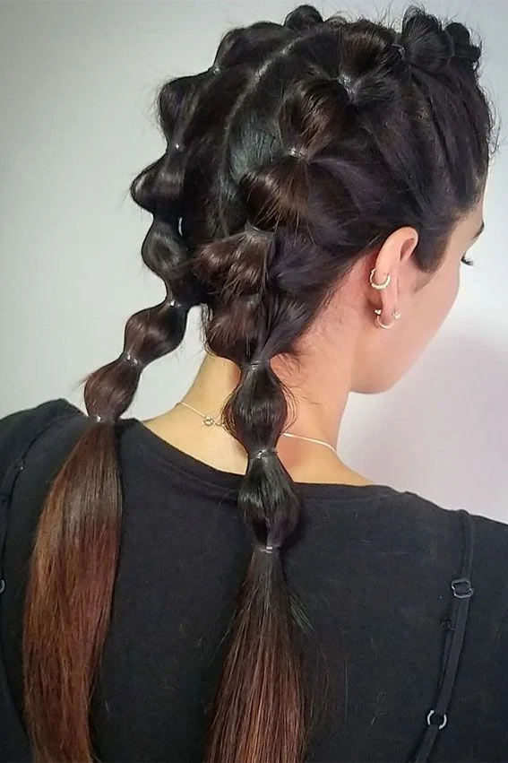 Asymmetrical Bubble Braid Pigtails