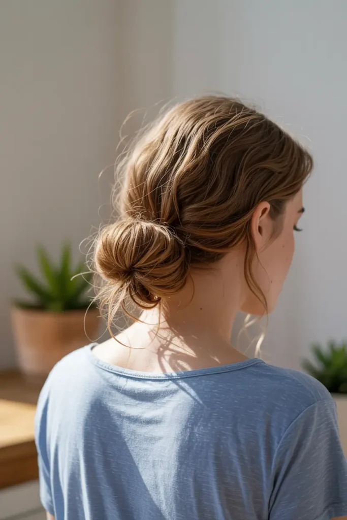 30 Easy & Stylish Hairstyles for Frizzy Hair That Actually Work 1 1. Loose Low Bun