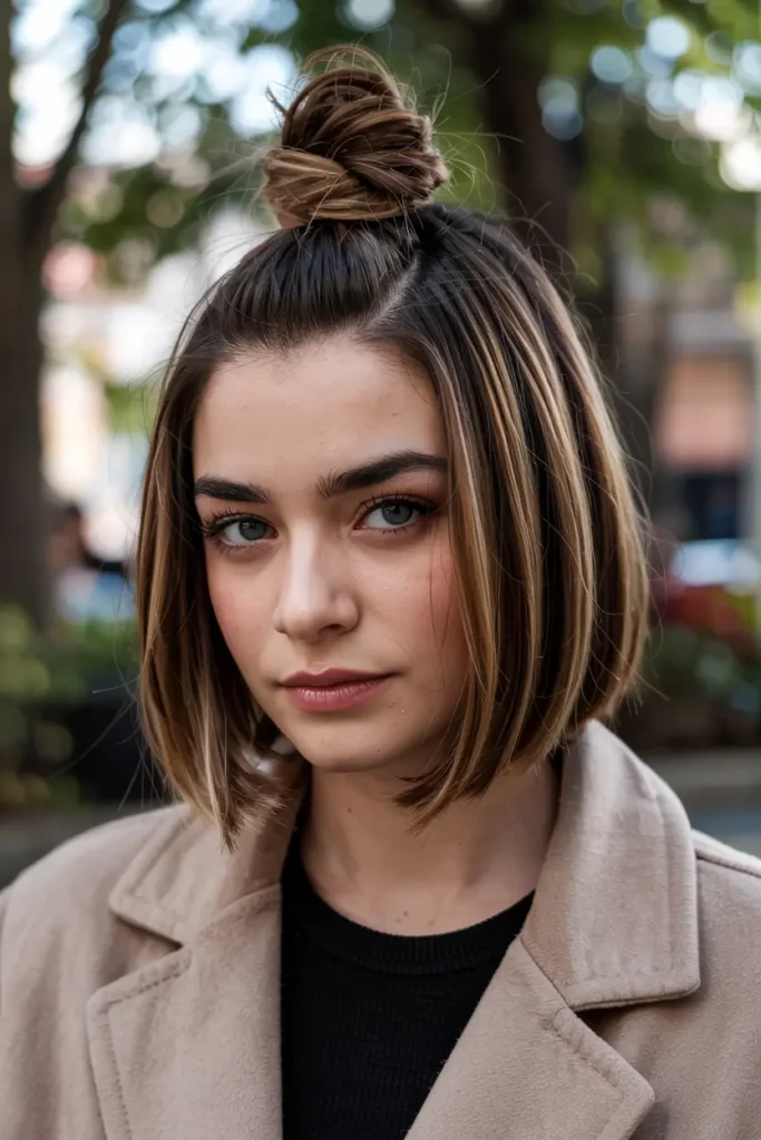 The Lazy Girl’s Guide to Easy Bob Hairstyles 10 10.Bob with Top Knot